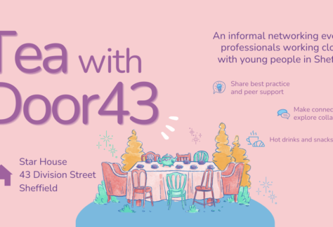 graphic promoting the tea with door 43 event, featuring an illustration of a tea party setting
